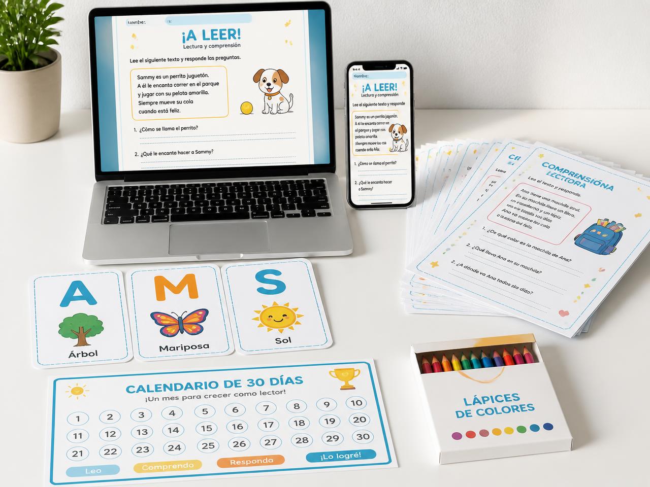 Kit Mi Pequeño Lector en laptop, móvil, hojas impresas, flashcards y calendario